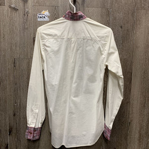 LS Show Shirt, attached button collar *gc, older, seam puckers, crinkles, mnr pits