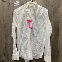 LS Lace Show Shirt, attached button collar *older, seam puckers, crinkles, bubbles, threads, gc, pit stains, see through
