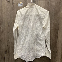 LS Lace Show Shirt, attached button collar *older, seam puckers, crinkles, bubbles, threads, gc, pit stains, see through
