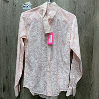 LS Lace Show Shirt, attached button collar *older, seam puckers, crinkles, bubbles, threads, gc, pit stains, see through
