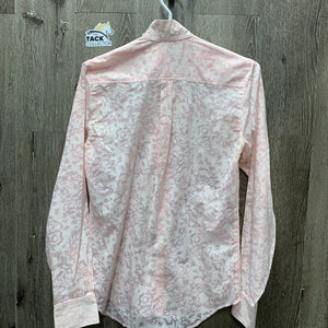 LS Lace Show Shirt, attached button collar *older, seam puckers, crinkles, bubbles, threads, gc, pit stains, see through