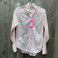 LS Lace Show Shirt, attached button collar *older, seam puckers, crinkles, bubbles, threads, gc, pit stains, see through
