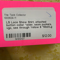 LS Lace Show Shirt, attached button collar *older, seam puckers, vgc, see through
