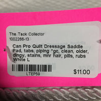 Quilt Dressage Saddle Pad, tabs, piping *gc, clean, older, dingy, stains, mnr hair, pills, rubs
