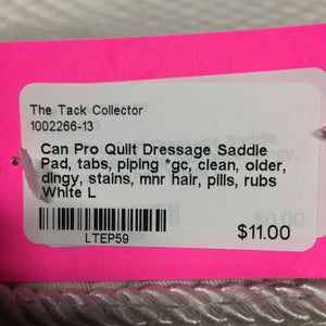 Quilt Dressage Saddle Pad, tabs, piping *gc, clean, older, dingy, stains, mnr hair, pills, rubs