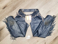 Leather Full Western Chaps, fringe *gc, rubs, mnr dirt?stains, fringe: missing, torn & cut
