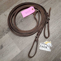 Pr Thick Long Leather Draw Reins, buckle loop ends *gc, chewed ends, clean, edge rubs & scrapes, rough back, stiff, dry
