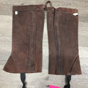 Pr Hvy Suede Half Chaps, buckle tops *vgc, clean, mnr spots?stains or dirt, older, stretched bottom elastic