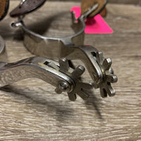 8 point Western Rowel Spurs, tooled narrow spur straps *vgc, clean, residue/film, straps: v.stiff, tight holes, crackles
