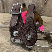 8 point Western Rowel Spurs, tooled narrow spur straps *vgc, clean, residue/film, straps: v.stiff, tight holes, crackles
