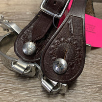 8 point Western Rowel Spurs, tooled narrow spur straps *vgc, clean, residue/film, straps: v.stiff, tight holes, crackles
