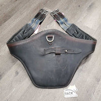 Lg Belly Girth, x2 els, strap & D Ring *older, discolored & dirty edges, scrapes, scratches, unstitched sides, fair, elastic: thin & stretched
