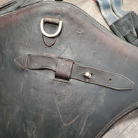 Lg Belly Girth, x2 els, strap & D Ring *older, discolored & dirty edges, scrapes, scratches, unstitched sides, fair, elastic: thin & stretched

