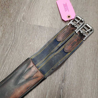 Lg Belly Girth, x2 els, strap & D Ring *older, discolored & dirty edges, scrapes, scratches, unstitched sides, fair, elastic: thin & stretched
