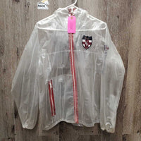 Clear - Vinyl Rain Jacket, hood, zipper *gc, dirt, stains, residue
