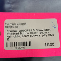 JUNIORS LS Show Shirt, attached Button Collar *gc, mnr hair, older, seam puckers, pilly
