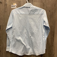 JUNIORS LS Show Shirt, attached Button Collar *gc, mnr hair, older, seam puckers, pilly
