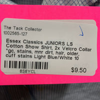 JUNIORS LS Cotton Show Shirt, 2x Velcro Collar *gc, stains, mnr dirt, hair, older, cuff stains
