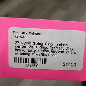 27 Nylon String Cinch, velcro center, 2x D Rings *gc/fair, dirty, hairy, rusty, stains, undone velcro stitching