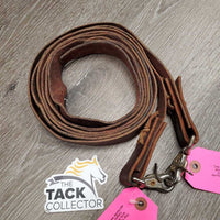 Thin Wide 'Stirrup Leather' Split Reins, loops, laces, snaps *gc/fair, v.twisted, rubs, scrapes, scratches, v.creased
