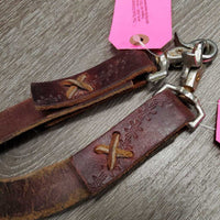 Thin Wide 'Stirrup Leather' Split Reins, loops, laces, snaps *gc/fair, v.twisted, rubs, scrapes, scratches, v.creased
