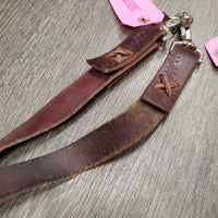 Thin Wide 'Stirrup Leather' Split Reins, loops, laces, snaps *gc/fair, v.twisted, rubs, scrapes, scratches, v.creased
