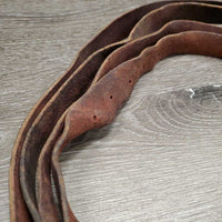 Thin Wide 'Stirrup Leather' Split Reins, loops, laces, snaps *gc/fair, v.twisted, rubs, scrapes, scratches, v.creased
