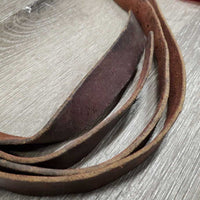 Thin Wide 'Stirrup Leather' Split Reins, loops, laces, snaps *gc/fair, v.twisted, rubs, scrapes, scratches, v.creased
