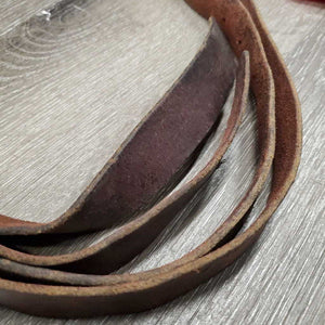 Thin Wide 'Stirrup Leather' Split Reins, loops, laces, snaps *gc/fair, v.twisted, rubs, scrapes, scratches, v.creased