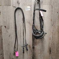 Rsd Padded Dressage Bridle, Crank, Rubber Lined Reins, Flash, buckles *dirty, dry, stiff, older, faded
