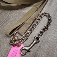 Hvy Cotton Web Lunge Line, 20" nose chain, loop handle *fair/gc, older, faded, v.rusty, dirt, rubs, stains
