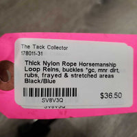 Thick Nylon Rope Horsemanship Loop Reins, buckles *gc, mnr dirt, rubs, frayed & stretched areas
