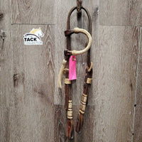 1 Ear Thick Leather Headstall, 1 tassel, braided buckles & sides *MISSING 2 Rivest, vgc, mnr dirt & residue, stains, scrapes
