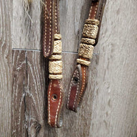 1 Ear Thick Leather Headstall, 1 tassel, braided buckles & sides *MISSING 2 Rivest, vgc, mnr dirt & residue, stains, scrapes
