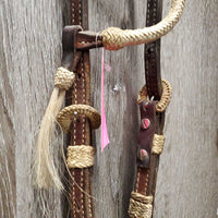 1 Ear Thick Leather Headstall, 1 tassel, braided buckles & sides *MISSING 2 Rivest, vgc, mnr dirt & residue, stains, scrapes
