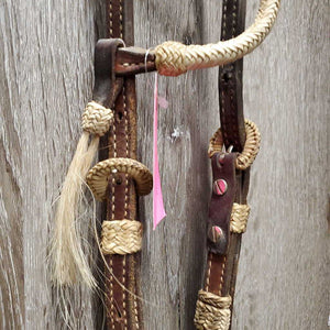 1 Ear Thick Leather Headstall, 1 tassel, braided buckles & sides *MISSING 2 Rivest, vgc, mnr dirt & residue, stains, scrapes