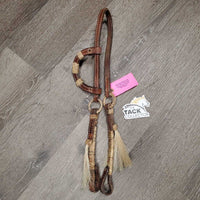 1 Ear Braided Headstall, 2 hair tassels, rawhide rings & trim *NO Rivets, gc, mnr dirt, stains, v.stiff, scrapes, cut hair, dry
