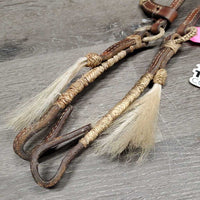 1 Ear Braided Headstall, 2 hair tassels, rawhide rings & trim *NO Rivets, gc, mnr dirt, stains, v.stiff, scrapes, cut hair, dry
