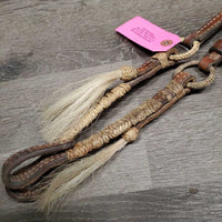 1 Ear Braided Headstall, 2 hair tassels, rawhide rings & trim *NO Rivets, gc, mnr dirt, stains, v.stiff, scrapes, cut hair, dry
