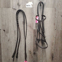 Narrow Rsd/FS Bridle, Rsd/FS Braided Reins *vgc/xc, clean, creases, rubs, v.tight keepers, dry, stiff, rough back
