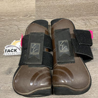 Pr Open Front Boots, velcro *gc/fair, older, stain, scrapes, paint, v.dirty, hairy, 1 squished
