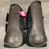 Pr Open Front Boots, velcro *gc/fair, older, stain, scrapes, paint, v.dirty, hairy, 1 squished
