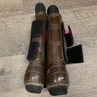 Pr Open Front Boots, velcro *gc/fair, older, stain, scrapes, paint, v.dirty, hairy, 1 squished
