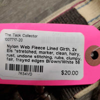 Nylon Web Fleece Lined Girth, 2x Els *stretched, marker, clean, hairy, rust, undone stitching, rubs, clumpy, fair, frayed edges
