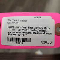 Thin Leather Girth, 1x els *gc, v.stiff, older, stains, clean, mnr residue, creases & rubs
