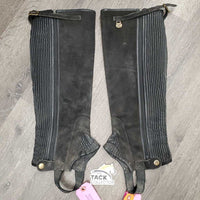 Pr Hvy Suede Half Chaps, top buckle *gc, faded, rubs, v.mnr holes, faded, older, dirty, stretched elastic
