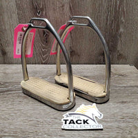Pr Fine Stirrup Irons, grips *clean, rubs, scrapes, mnr dirt/residue, grips: chipped, discolored & rubbed, older, gc
