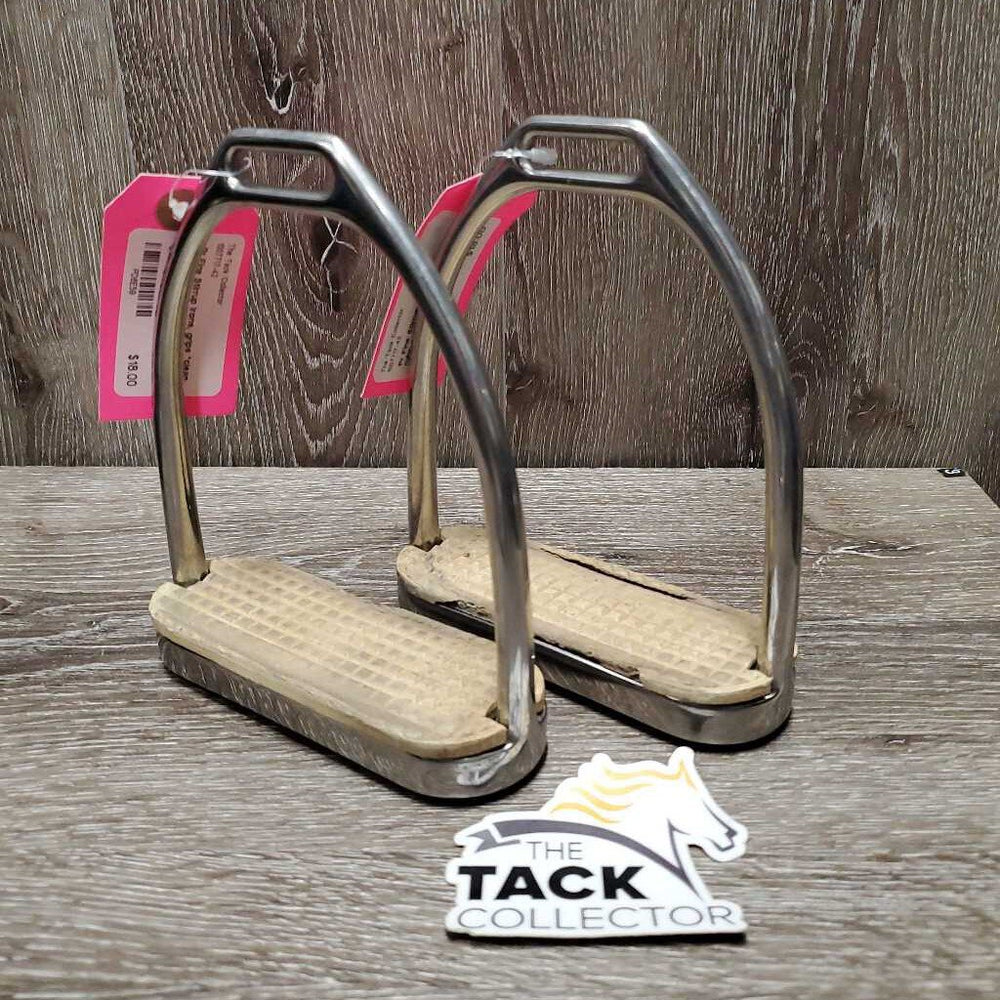 Pr Fine Stirrup Irons, grips *clean, rubs, scrapes, mnr dirt/residue, grips: chipped, discolored & rubbed, older, gc