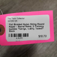 Flat Braided Nylon String Round Roper - Barrel Reins, 2 Conway buckles *fair/gc, v.dirty, faded?
