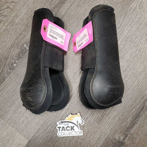 Pr Open Front Boots, velcro *gc/fair, faded, scraped, dirty, pilly & frayed edges